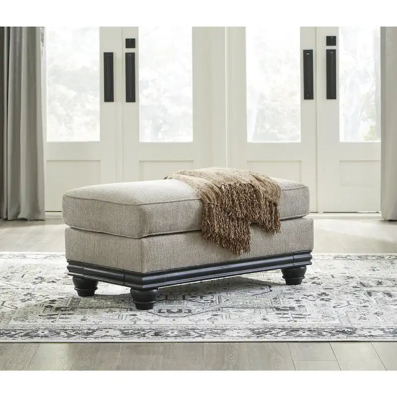 Grey Chunky Fabric Upholstered Ottoman with Matte Black Wood Trim for 1–2 Person