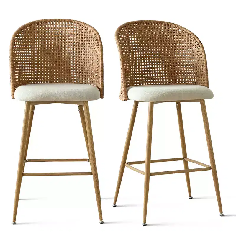 Set of 2 Natural Rattan Bar Stools, 29 Bar Height Boho Upholstered High Chairs with Woven Back - Panipeachy
