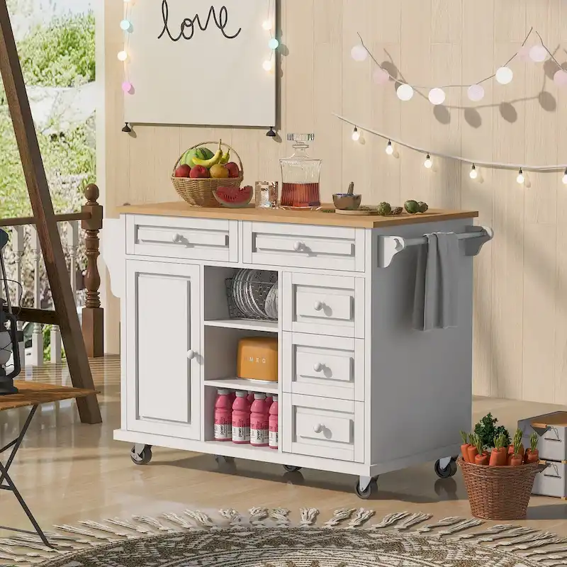 Rolling Kitchen Island Cart with 5 Drawers, Spice Rack and Towel Holder