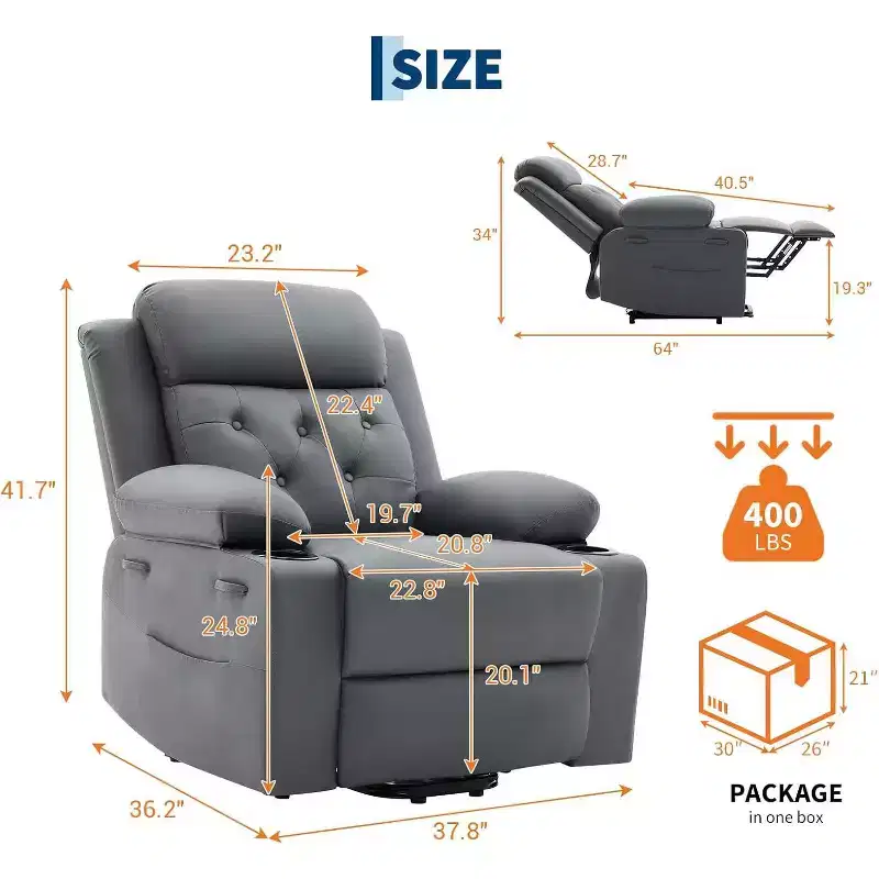 The Living Room PU Leather Lounge Chair is Equipped with Vibration massage and Waist Heating Functions, and Comes with Side Pockets and Cup Holders