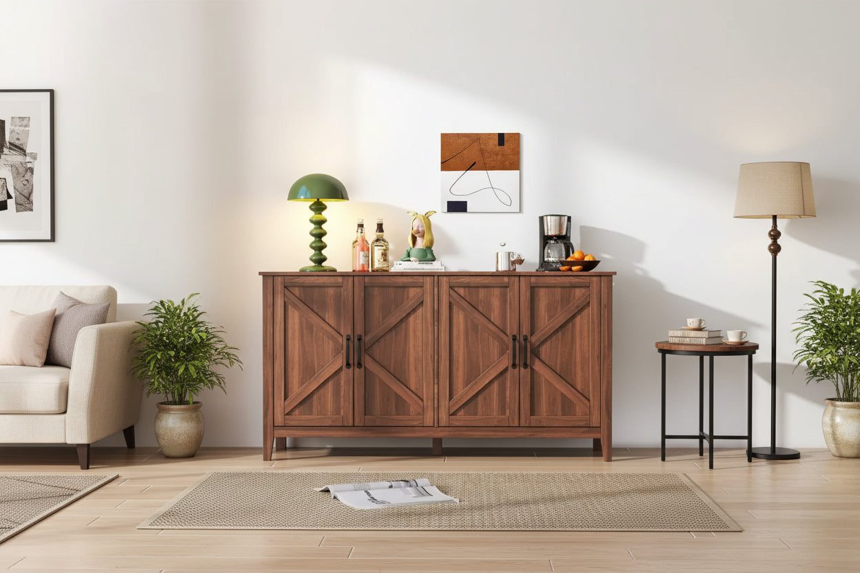 59 Rustic Sideboard Storage Cabinet with 4 Doors & Adjustable Shelves, Dining Room Buffet