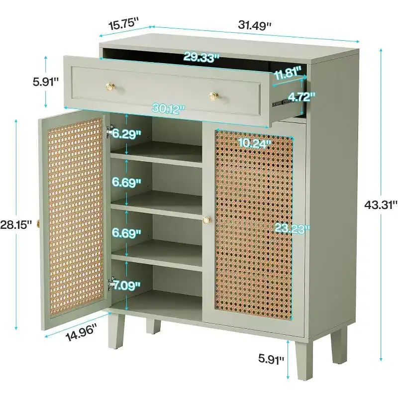 6-Tier Boho Shoe Cabinet with Rattan Doors, Drawer & Adjustable Shelf, Mint Green