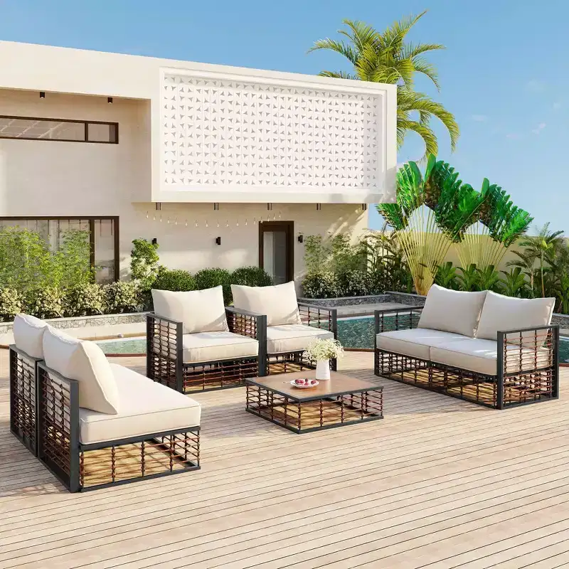 MAYEERTY Modern 7 Pieces Metal Patio Sectional Sofa Set with Thick Cushion and Coffee Table for Indoor Outdoor Black