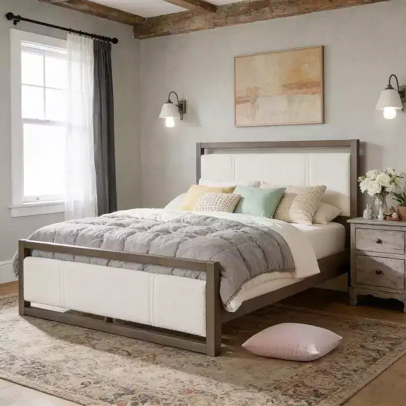 Christopher Knight Home Bellane Modern Wood Platform Bed Frame with Ivory Boucle Headboard