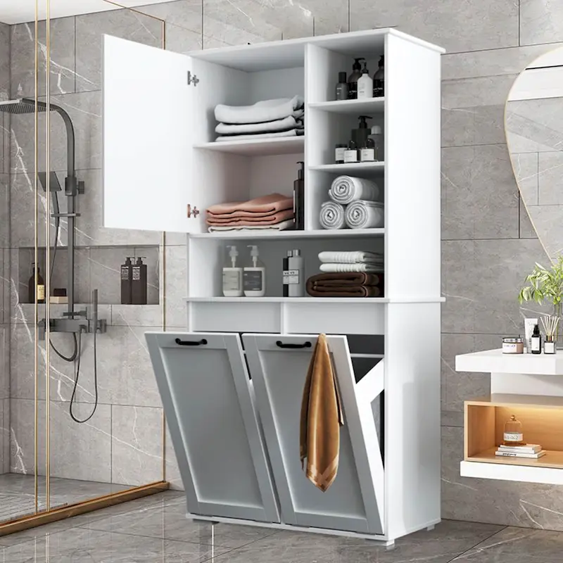 Tall Bathroom Storage Cabinet with Doors and shelf, Freestanding Bathroom Cabinet, Tilt-Out Laundry Hamper