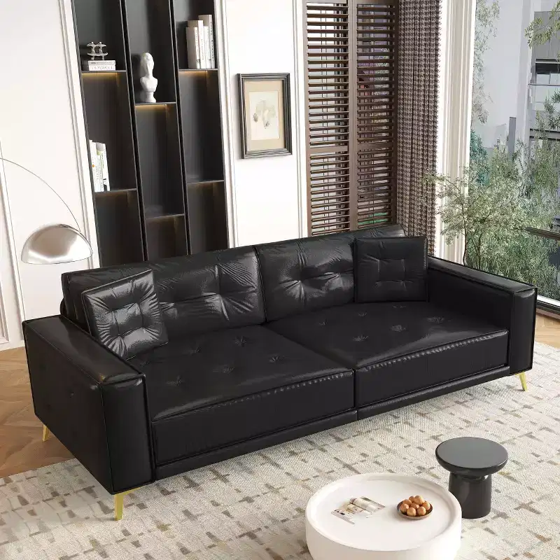 MAYEERTY 92.1 King Size Pull Out Sofa Bed,3-in-1 Faux Leather Convertible Sleeper Sofa with Ultra Wide Armrests 2 Pillows Black