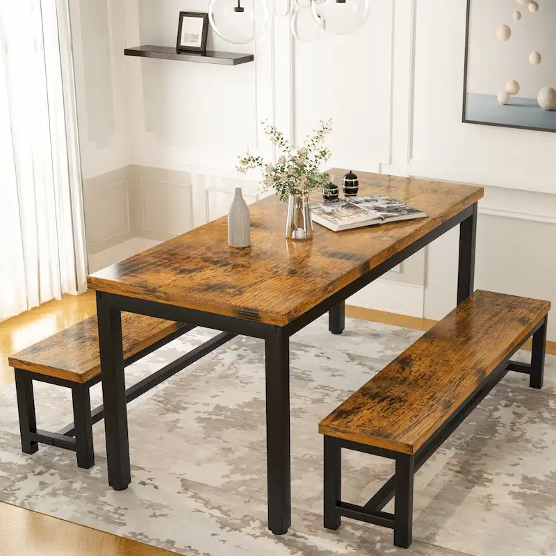 Mieres 3-Piece Dining Table Set with Two Benches, Kitchen Table Set for 4-6 Persons