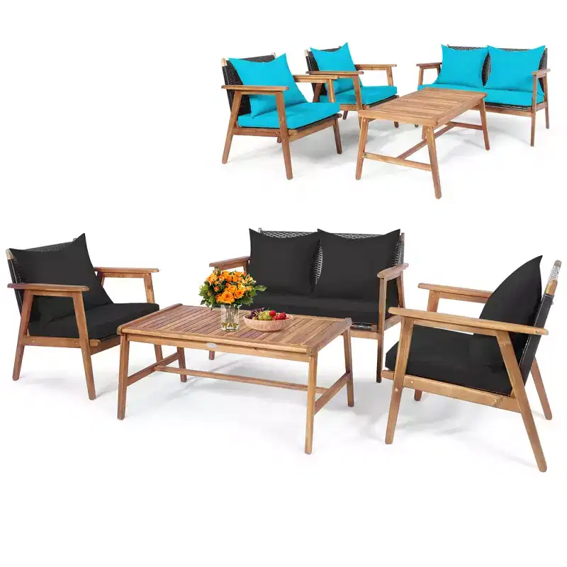 Costway 4PCS Patio Rattan Furniture Set Wooden Cushioned Sofa with Black & Turquoise Cover