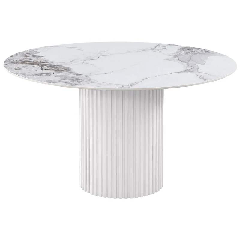 Cade Round Dining Table with Reeded Base, White Sintered Stone 53 Inch
