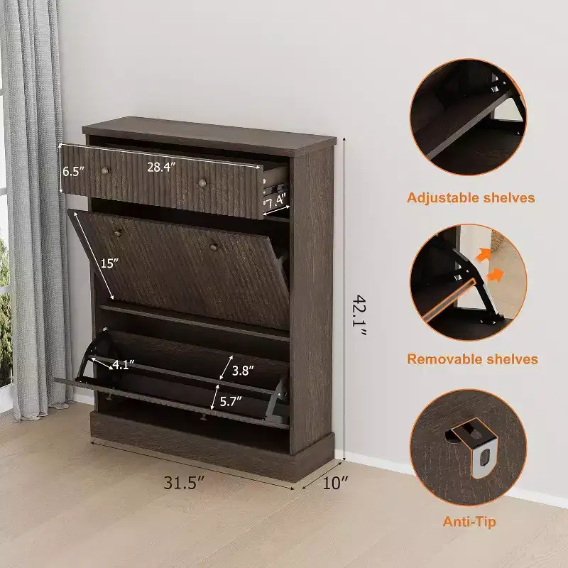 Acekool 42 Wave Panel Shoe Cabinet, Entryway Organizer with 2 Flip Drawers & Top Drawer