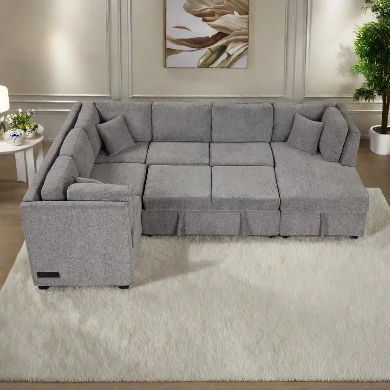 108.6 Chenille U-Shaped Sectional Sofa Bed with USB Ports, Storage Chaise, and 3 Back Pillows