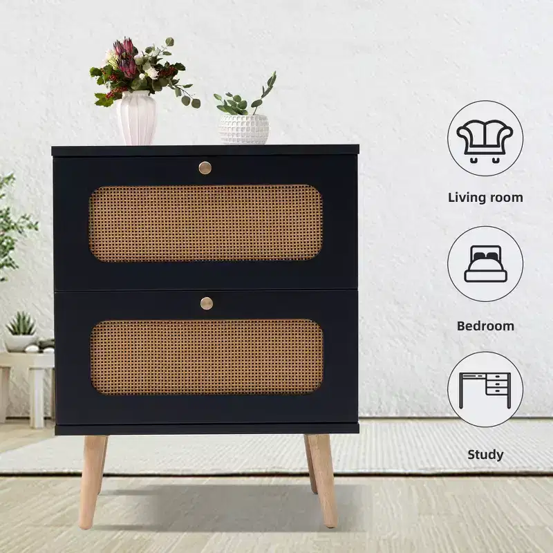 Rattan Bedside Table, 2 Handmade Rattan Drawers Farmhouse Wooden Side Table, Small Night Stand for Living Room, Bedroom, Office, Study Room