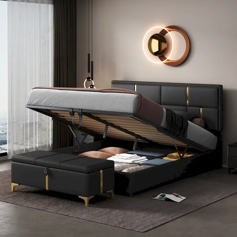 Queen Size Upholstered Platform Bed with Storage Ottoman 2-Pieces Bedroom Sets