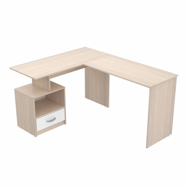 L-Shape Computer Desk with Cubby, Maple-White