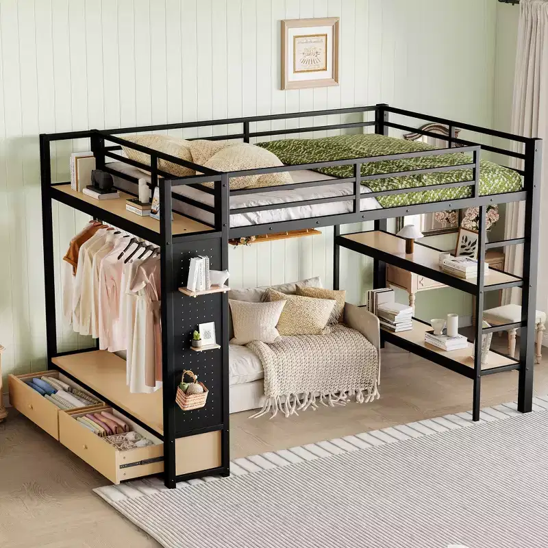 Bellemave Loft Bed with Wardrobe and Pegboard,Metal Loft Bed Frame with Storage Shelves and Guardrails for Kids,Teens and Adults,Black