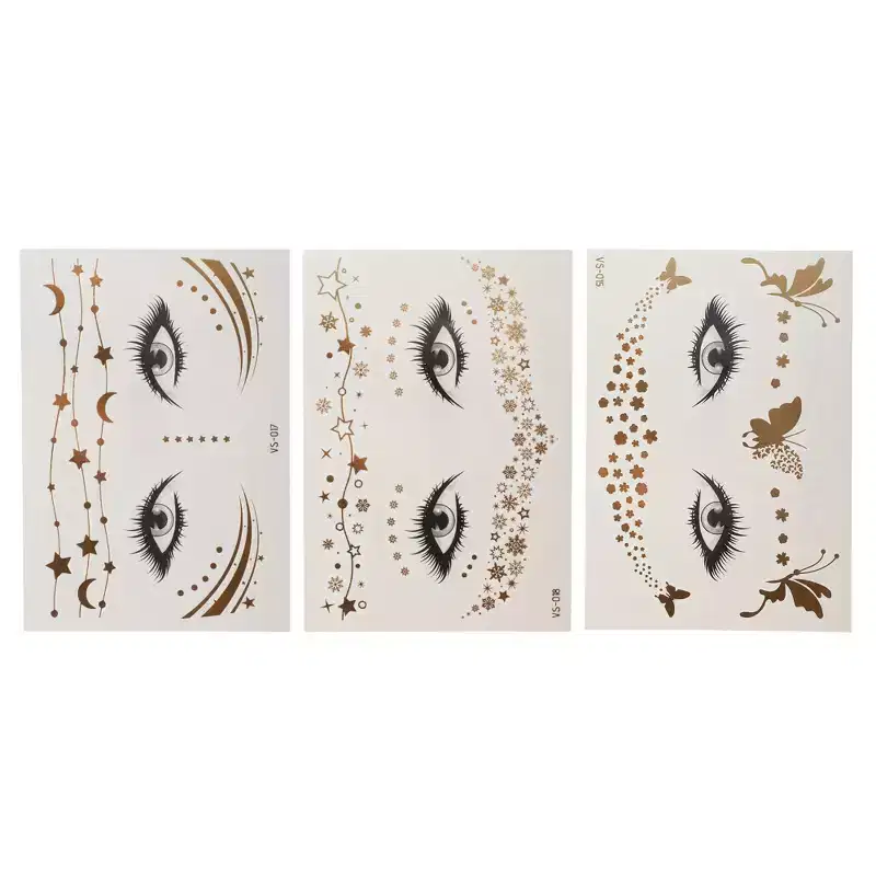 Unique Bargains Halloween Christmas Waterproof Butterfly Stars Pattern Face Fake Tattoos Gold Tone 3 Pcs