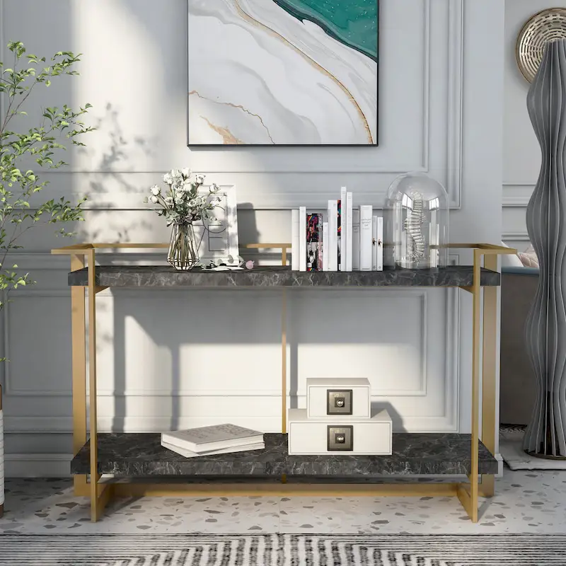 Lovell Glam Gold and Black 51-inch Faux Marble 1-Shelf Sofa Table by Furniture of America