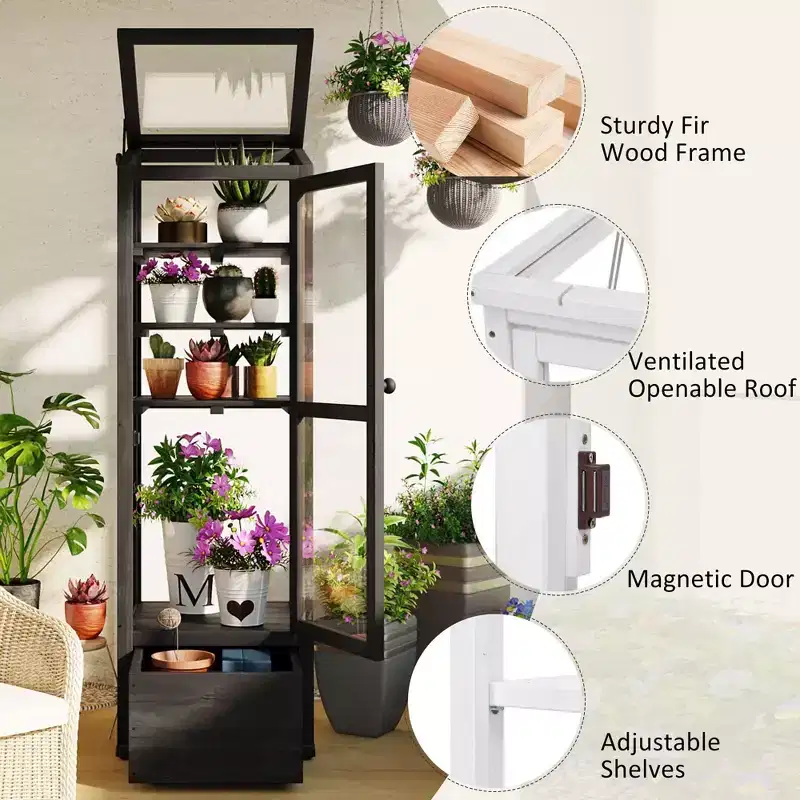 Wood Garden Greenhouse with Portable Cold Frame, Movable Storage & Adjustable Shelves, Indoor/Outdoor Use
