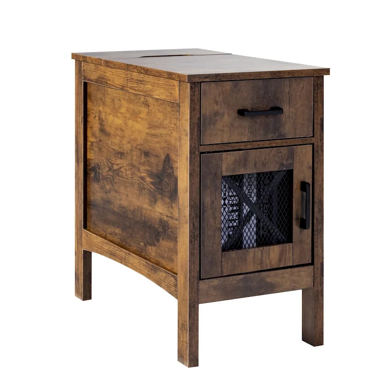 Natural Wood Particle Board End Table with Drawer and Power Strip - 23.98 L x 14.02 W x 24.02 H