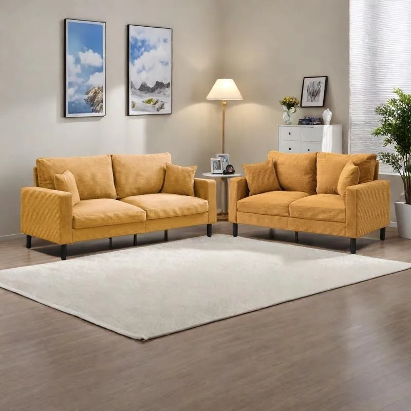5-Seat Corduroy Sofa Set (3-Seater + 2-Seater) with High-Density Sponge Cushions & Sturdy Hardwood Frame
