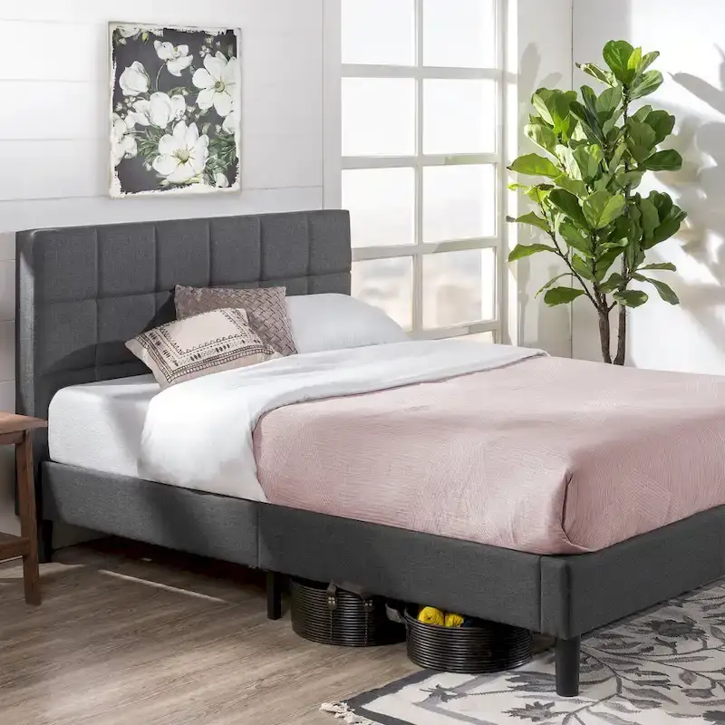 Grey Square Stitched King Platform Bed Frame
