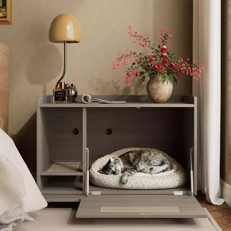 JVNOXK Gray Cat Litter Box Enclosure,Hidden Litter Box Furniture with top side fence,Wooden Pet House Side End Table, Fit Most of Litter Box
