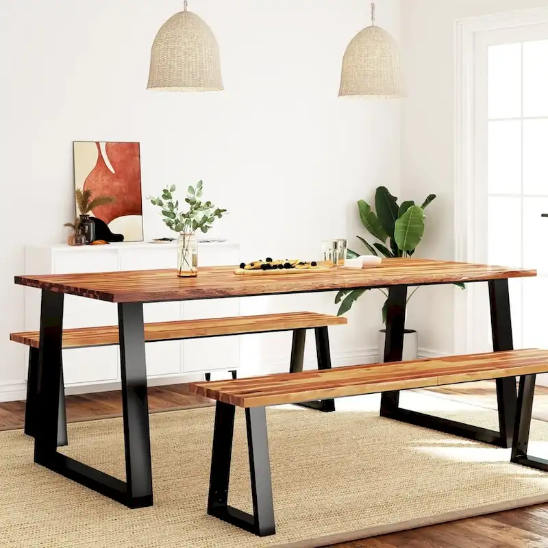 Live Edge Solid Acacia Wood Dining Table with Black Steel U-Legs