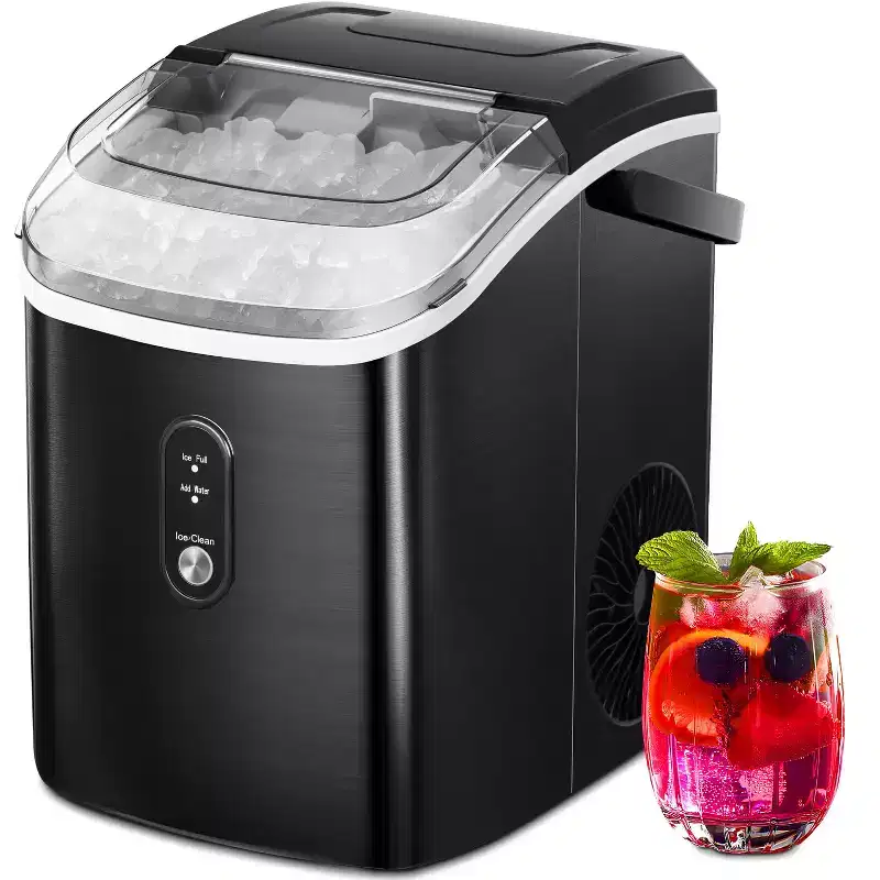 ZAFRO Nugget Ice Maker Countertop with Handle,35Lbs/24Hrs,7 Mins Fast Ice Making, Stainless Steel Pellet Ice Maker with Ice Basket/Ice Scoop