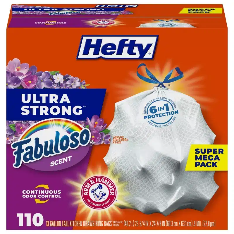 Hefty Ultra Strong Fabuloso Tall Kitchen Trash Bags - 13gal/110ct: Drawstring, Solid Pattern, Polyethylene, White