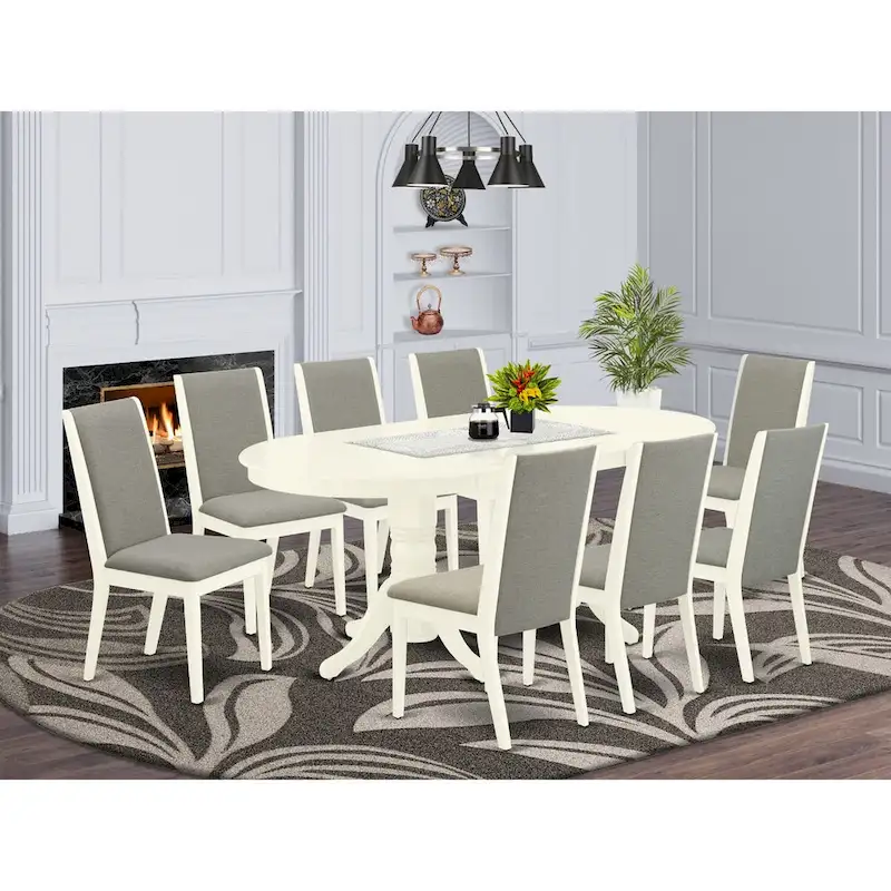 East West Furniture 9 Piece Kitchen Table Set- an Oval Dining Table and 8 Shitake Linen Fabric Chairs, Linen White