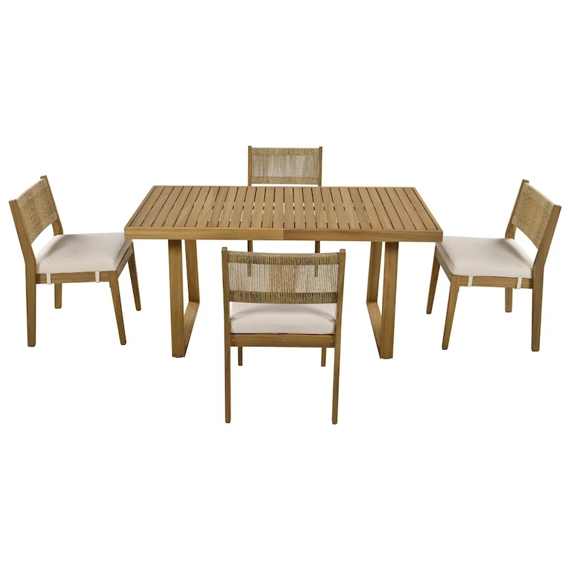 5-Piece Outdoor Acacia Wood Dining Table and Chair Set, Thick Cushions