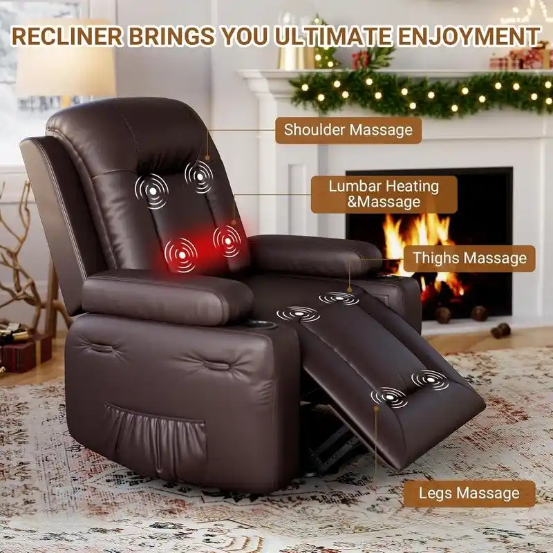 Power lift recliner chair with massage, cup holders, and side pocket.