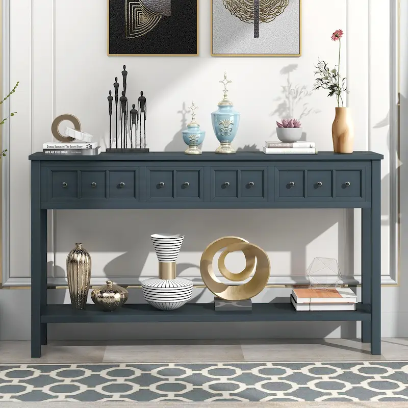 Farmhouse Entryway Table, Sofa Console Table W/4 Drawers, Bottom Shelf, Solid Wood Legs Narrow Sofa Tables For Entrance