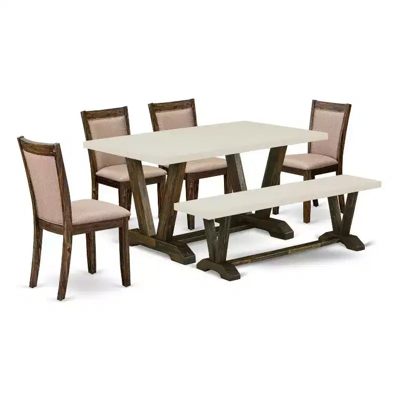 HomeStock 6-Piece Rectangle Distressed Jacobean Finish Solid Wood Top Dining Table with 1-Bench, 4-Chairs
