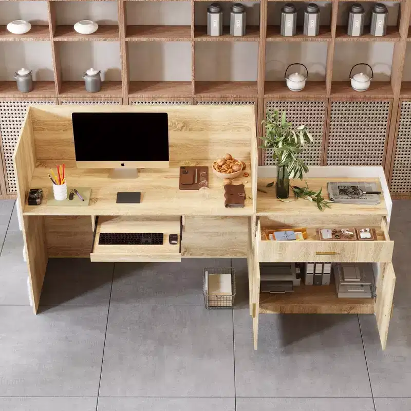 Hitow Modern Wood-Grain Cash Register & Reception Desk:Storage + Cable Management  Stylish Welcome Station