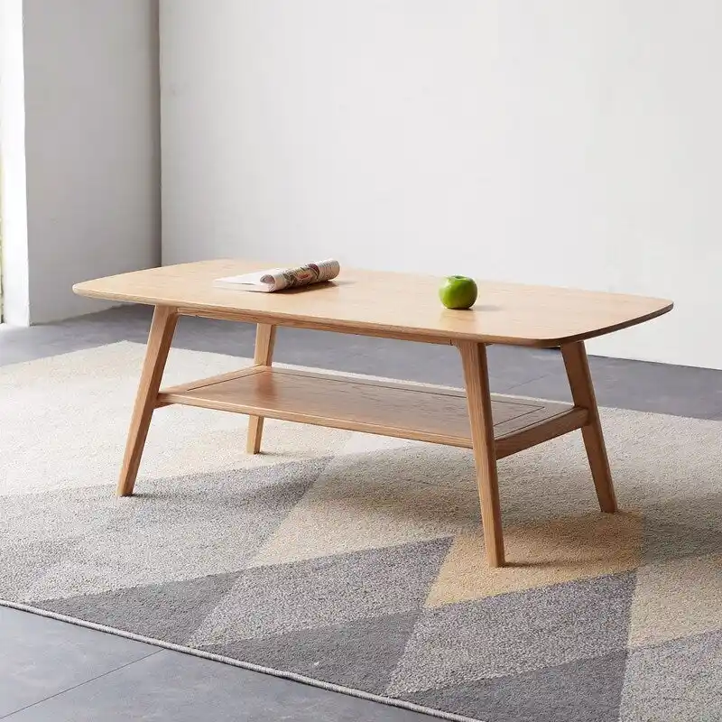 Grondin Nordic Natural Solid Wood 2-Tier Coffee Table with Shelf, Rectangle Accent Cocktail Table