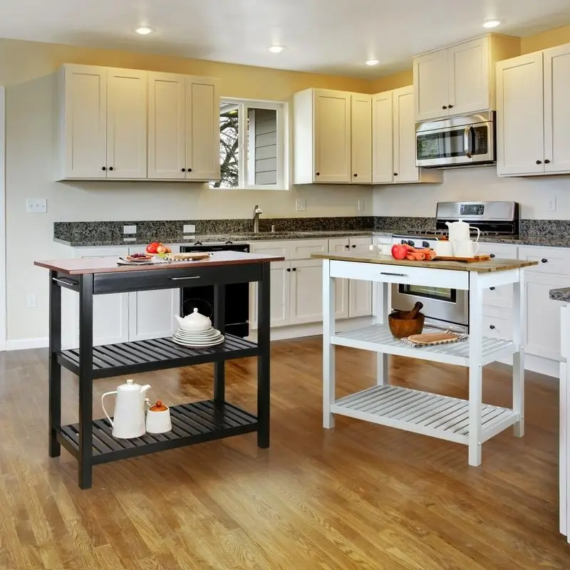 2-shelf Natural Solid Wood Top Kitchen Island - N/A