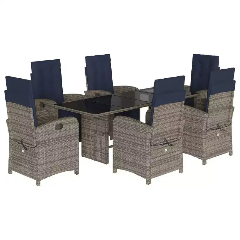 vidaXL 7-Piece Gray Poly Rattan Patio Dining Set with Navy Cushions - Adjustable Recliner Chairs & Tempered Glass Tabletop for Garden/Outdoor/Balcony