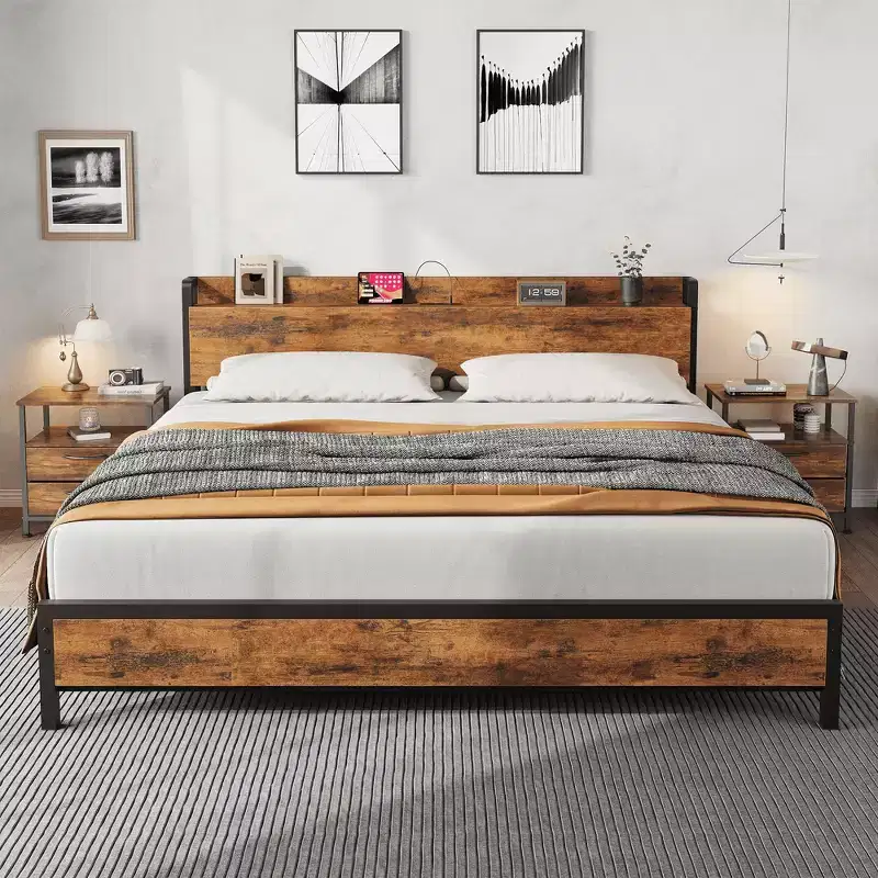 Metal and Wood Bed Frame, Sturdy Ironwood Furniture, Wooden Headboard and Footboard, Brown, KING