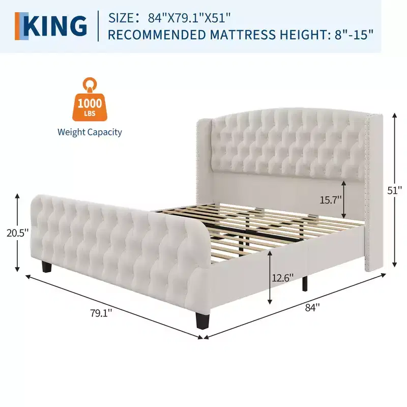 Soft fabric platform bed frame  buttoned tufted wing back, rivet embellishment, 1000 lb load capacity, quiet, easy to assemble.