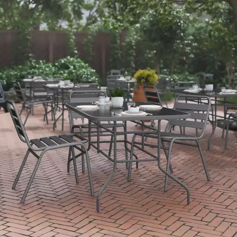 Flash Furniture Tory 31.5 x 55 Rectangular Tempered Glass Metal Table with Umbrella Hole