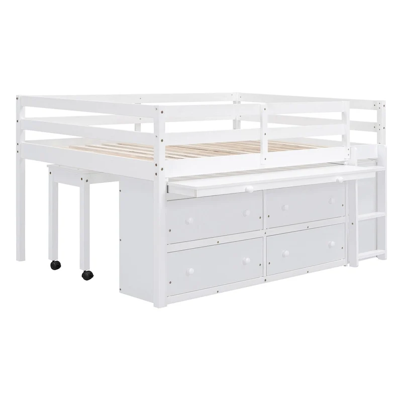White Full Size Solid Wood Loft Bed with Retractable Desk, Drawers and Shelves