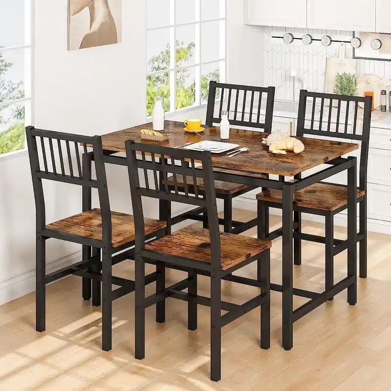 5-Piece Dining Table and Chairs Set, Modern Industrial Dining Table Set, Dinette, Space Saving Dining Set for Small Space, Pub