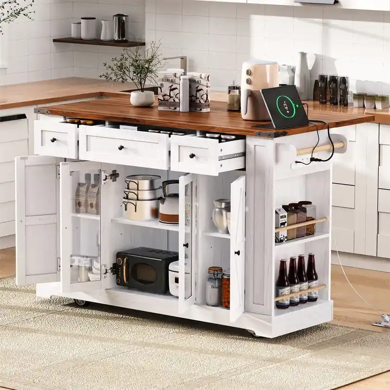 Kitchen Island w/Drop Leaf, 3 Drawers & 5 Open Side Racks, Rolling Kitchen Cart w/ 2 Tempered Glass Cabinet Doors & Power Outlet