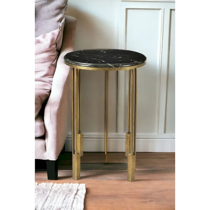 23 Gold And Black Marble And Iron Round End Table