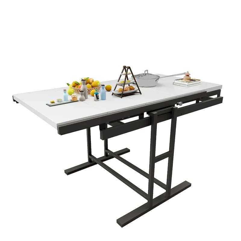 Solid Mahogany Wood Multifunction Convertible Dining Table,Free Switch Space Saving Table Shelf for Home and Studio,White Finish