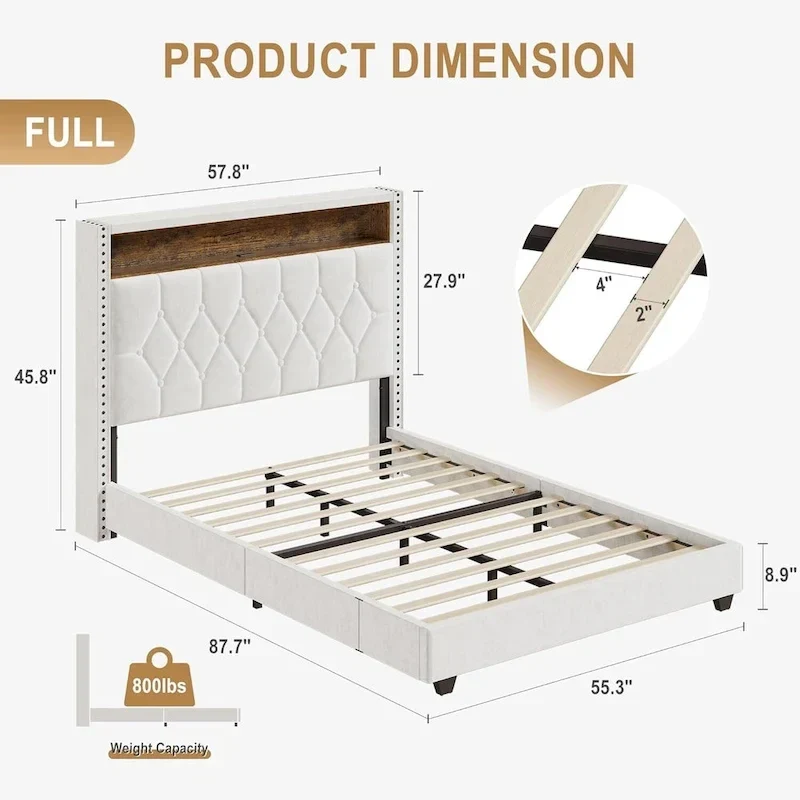 Velvet Upholstered Platform Bed Frame with Storage Headboard and Nailhead Trim Wingback