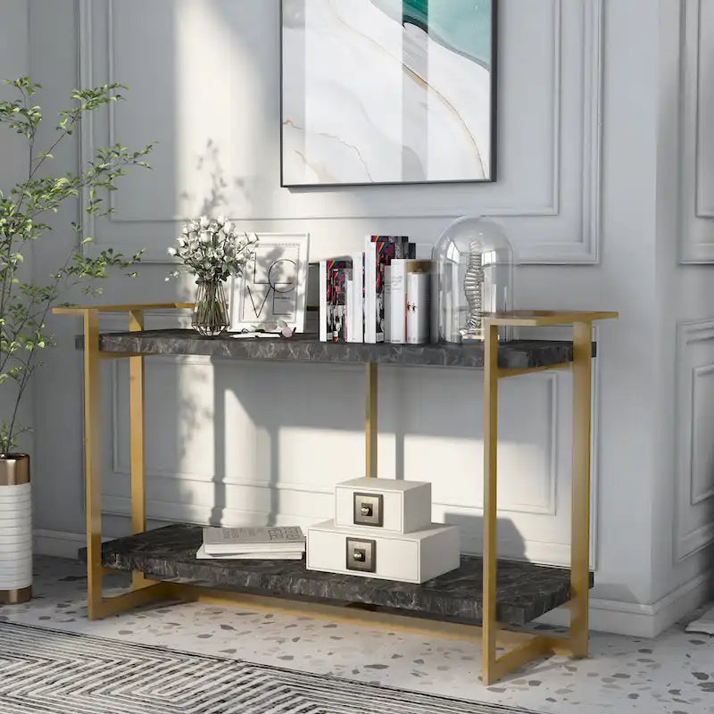 Lovell Glam Gold and Black 51-inch Faux Marble 1-Shelf Sofa Table by Furniture of America