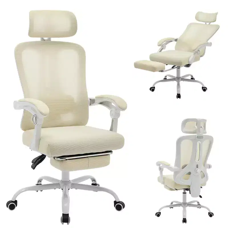 Beige / Black High-Back Mesh Office Chair with Retractable Footrest, Single