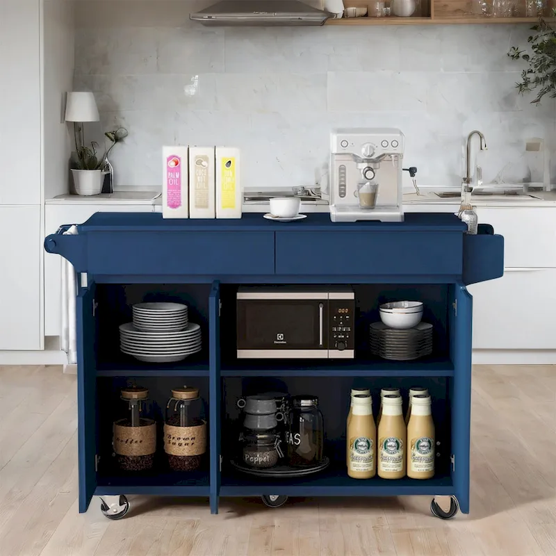 53 Rolling Kitchen Island w/ Drop Leaf,Spice Rack,Adjustable Shelves